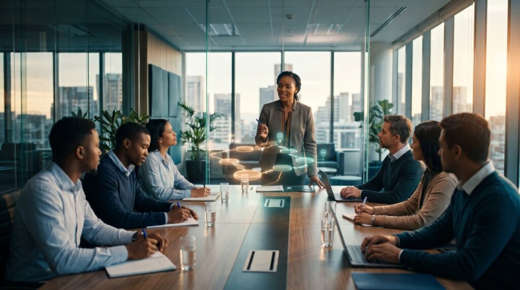 A facilitator leads young graduates and their managers around a boardroom table overlooking a city skyline at golden hour, with a softly glowing roadmap of stepping stones floating above the table.
