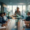 A facilitator leads young graduates and their managers around a boardroom table overlooking a city skyline at golden hour, with a softly glowing roadmap of stepping stones floating above the table.